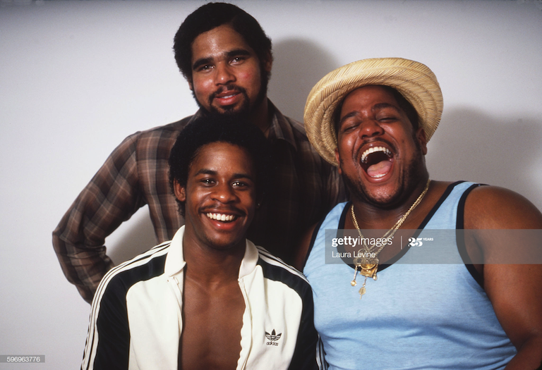 The Sugarhill Gang (L to R) Master Gee, Wonder Mike, Big Bank Hank (Sugarhill Record office 1981)