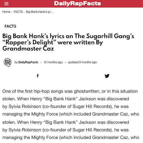 The Sugarhill Gang’s “Rapper’s Delight” were written By Grandmaster Caz