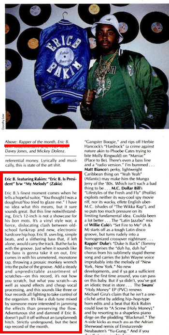 Eric B. featuring Rakim: "Eric B. Is President" b/w "My Melody" (Zaria) (October 1986 Spin Magazine)
