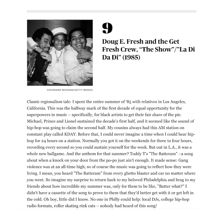 [9] Doug E. Fresh and the Get Fresh Crew, "The Show"/"La Di Da Di" (1985)